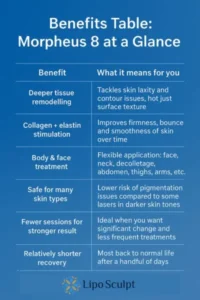 How Often Can I have Morpheus 8? 3 Table showing the benefits of Morpheus 8 treatment from Lipo Sculpt Shipston on Stour
