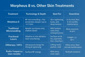 How Often Can I have Morpheus 8? 2 Table to show benefits of Morpheus 8 Shipston on Stour compared to other skin treatments